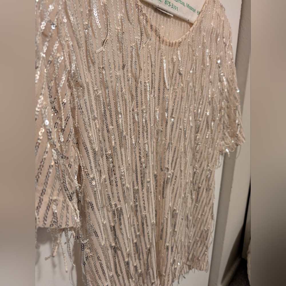 Sequin Short Sleeve Evening Top - Cream - Picture 6 of 6